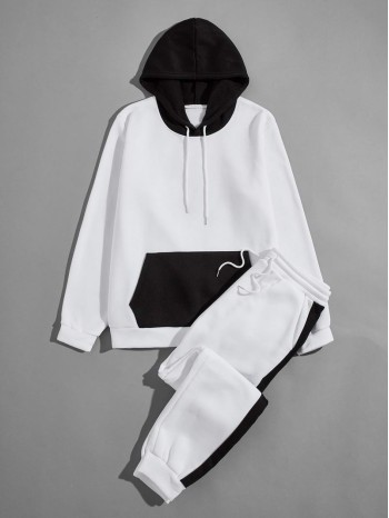 Men Colorblock Kangaroo Pocket Drawstring Hoodie & Sweatpants