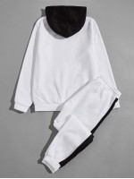 Men Colorblock Kangaroo Pocket Drawstring Hoodie & Sweatpants