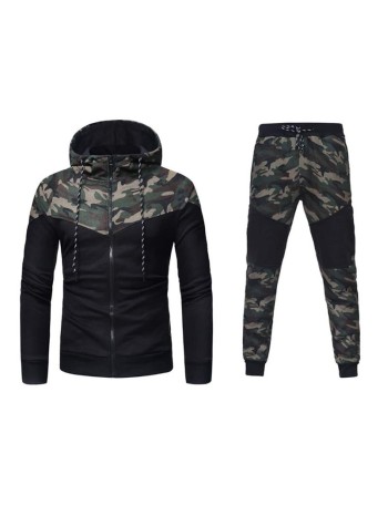 Men Camo Print Zip Up Drawstring Hoodie & Sweatpants