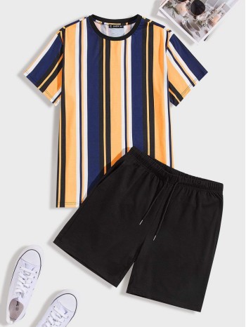 Men Striped Top & Drawstring Shorts Set