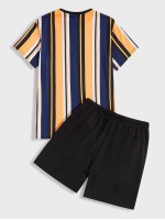 Men Striped Top & Drawstring Shorts Set