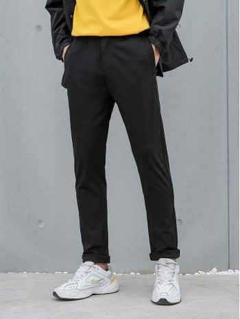 Men Pocket Solid Straight-leg Pants