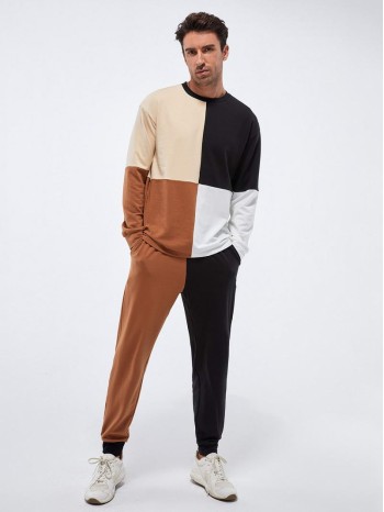 Men Contrast Panel Pullover & Sweatpants Set