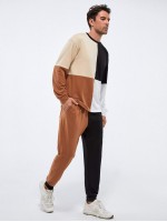 Men Contrast Panel Pullover & Sweatpants Set