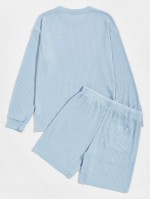 Men Rib-knit Solid Top & Track Shorts Set