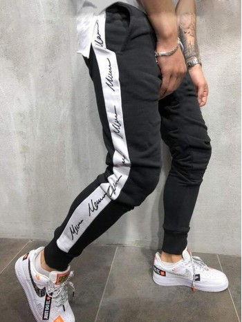 Men Contrast Panel Letter Graphic Sweatpants