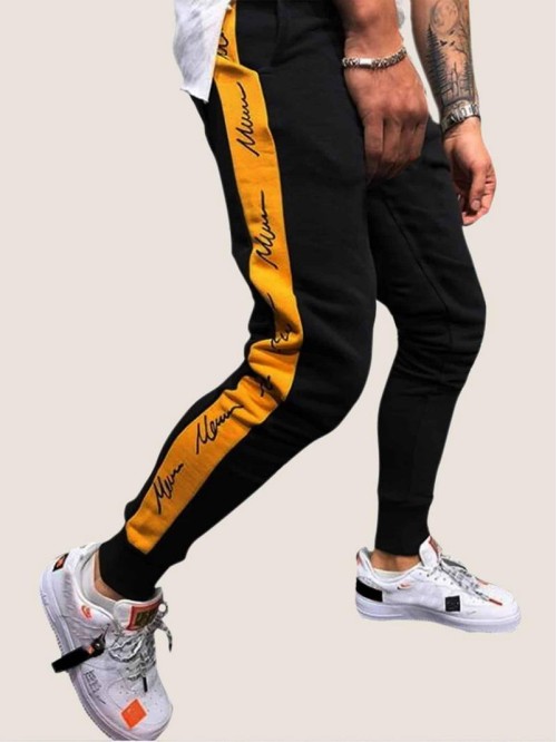 Men Contrast Panel Letter Print Sweatpants