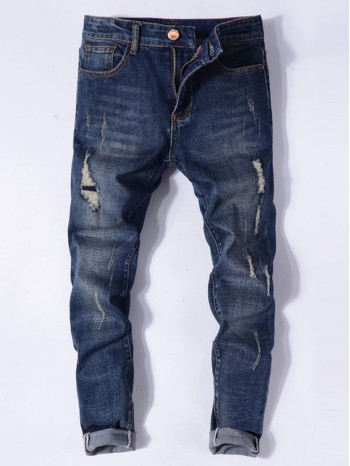 Men Ripped Zipper Fly Jeans