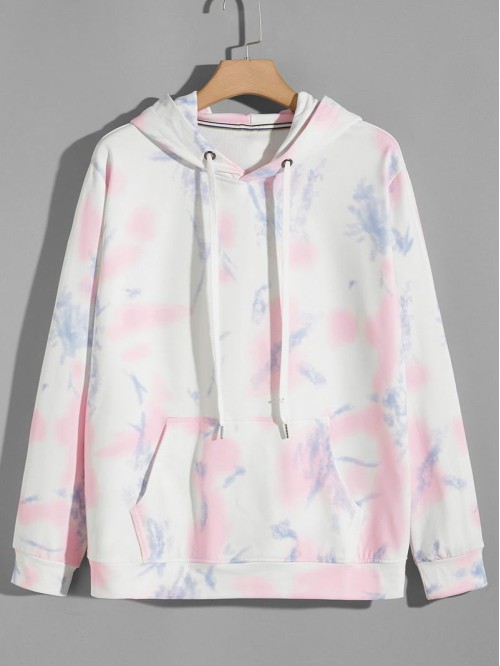 Men Tie Dye Kangaroo Pocket Drawstring Hoodie