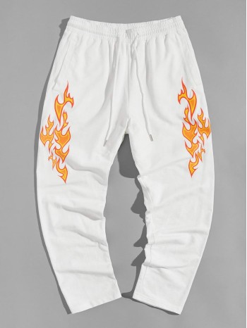 Men Fire Print Drawstring Waist Sweatpants