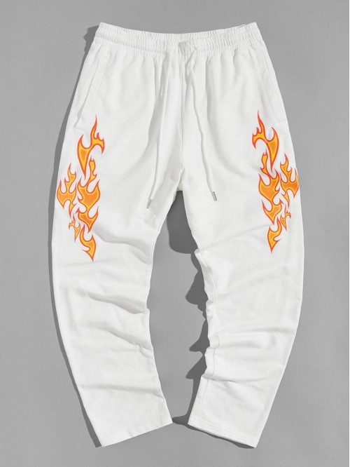 Men Fire Print Drawstring Waist Sweatpants