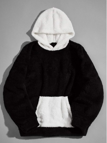 Men Contrast Panel Teddy Hoodie