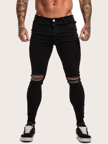 Men Button Fly Ripped Skinny Jeans