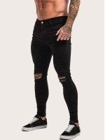 Men Button Fly Ripped Skinny Jeans