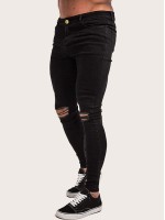 Men Button Fly Ripped Skinny Jeans