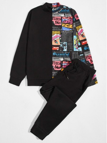 Men Pop Art Print Pullover & Drawstring Sweatpants Set