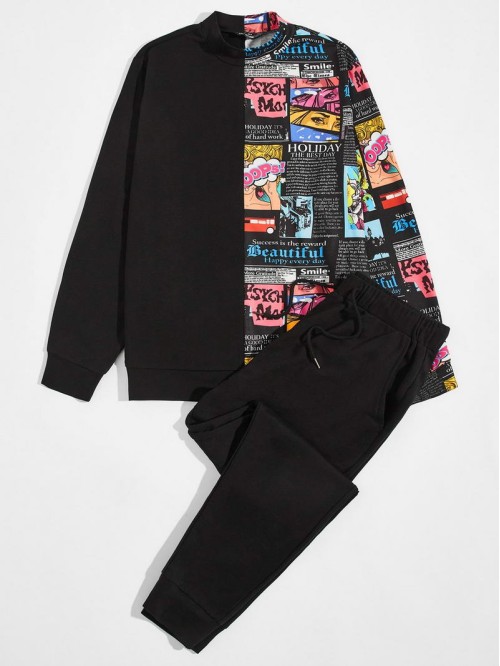 Men Pop Art Print Pullover & Drawstring Sweatpants Set