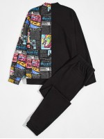 Men Pop Art Print Pullover & Drawstring Sweatpants Set