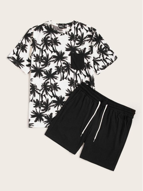 Men Pocket Patch Coconut Tree Tee & Shorts Set