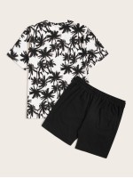 Men Pocket Patch Coconut Tree Tee & Shorts Set