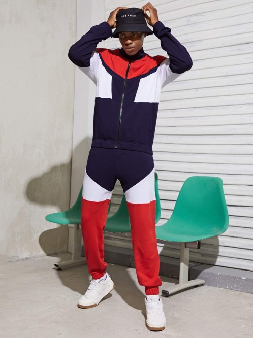 Men Color Block Zip Up Jacket & Sweatpants Set