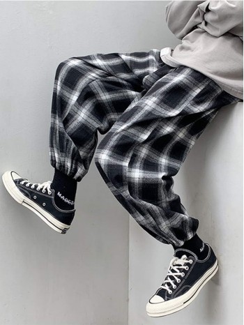 Men Plaid Drawstring Hem Pants