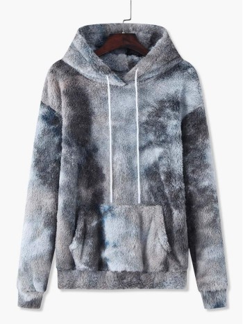 Men Tie Dye Kangaroo Pocket Drawstring Teddy Hoodie