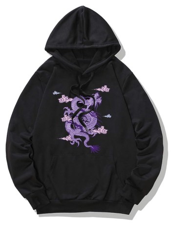 Men Chinese Dragon Graphic Kangaroo Pocket Drawstring Hoodie