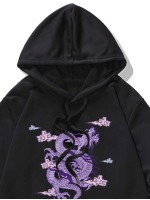 Men Chinese Dragon Graphic Kangaroo Pocket Drawstring Hoodie