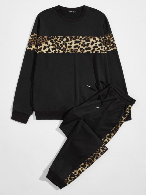 Men Leopard Detail Pullover & Drawstring Sweatpants Set