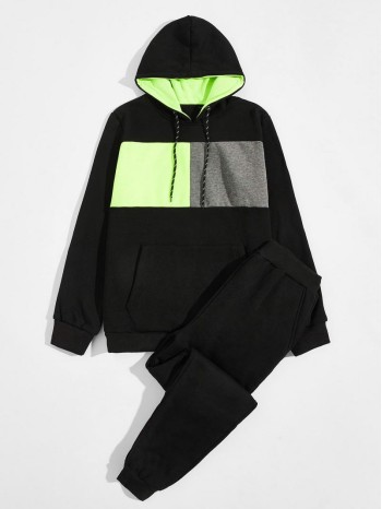 Men Contrast Panel Drawstring Hoodie & Sweatpants