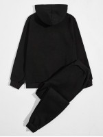 Men Contrast Panel Drawstring Hoodie & Sweatpants