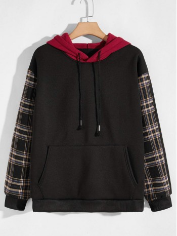 Men Colorblock Plaid Print Kangaroo Pocket Hoodie