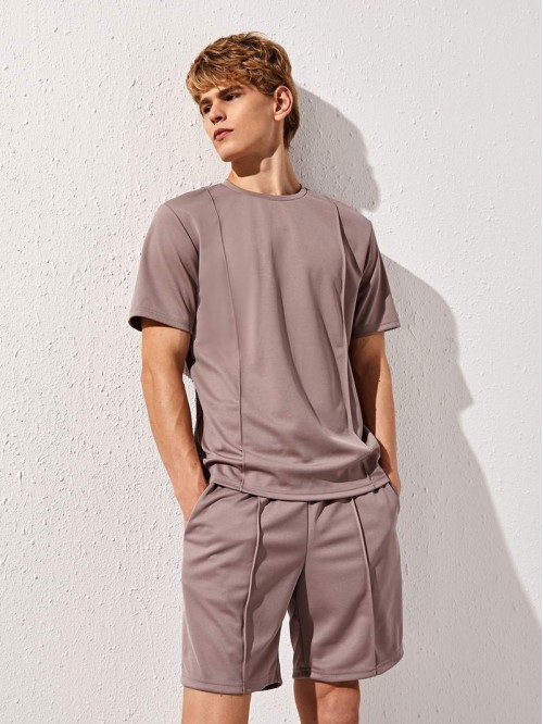 Men Seam Front Solid Top & Shorts Set