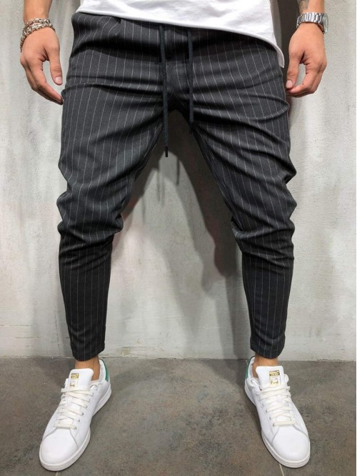 Men Drawstring Waist Striped Carrot Trousers