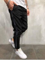 Men Drawstring Waist Striped Carrot Trousers