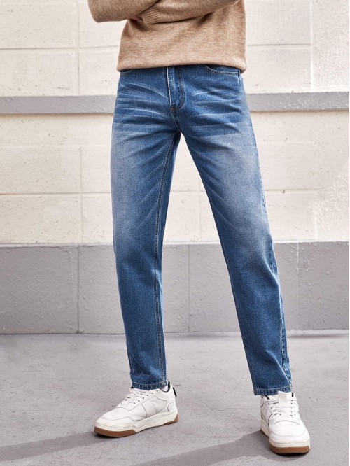 Men Straight Leg Washed Jeans