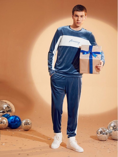 Men Letter Embroidered Two Tone Velvet Pullover and Pants Set