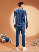 Men Letter Embroidered Two Tone Velvet Pullover and Pants Set