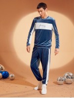 Men Letter Embroidered Two Tone Velvet Pullover and Pants Set