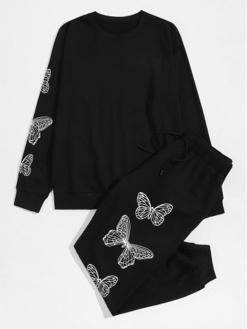 Men Butterfly Print Sweatshirt With Drawstring Waist Sweatpants