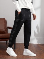 Men Drawstring Waist Contrast Stitch Joggers