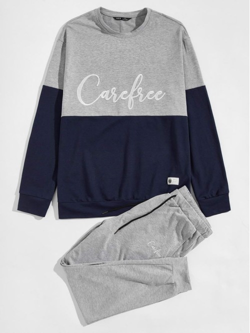 Men Color Block Letter Embroidery Pullover & Drawstring Sweatpants Set