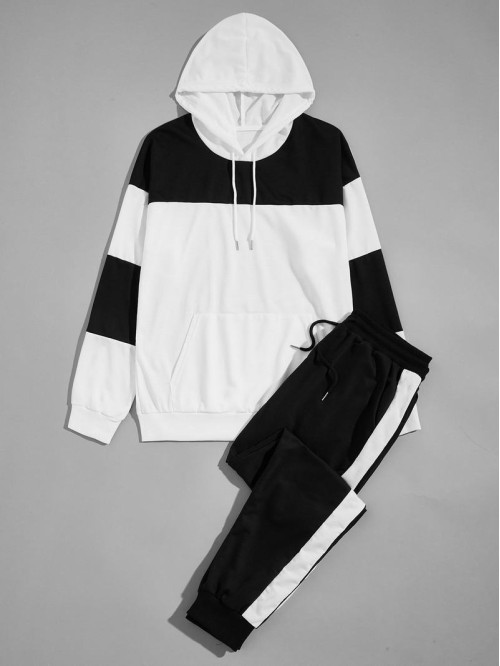 Men Contrast Panel Drawstring Hoodie With Sweatpants