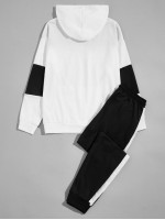 Men Contrast Panel Drawstring Hoodie With Sweatpants