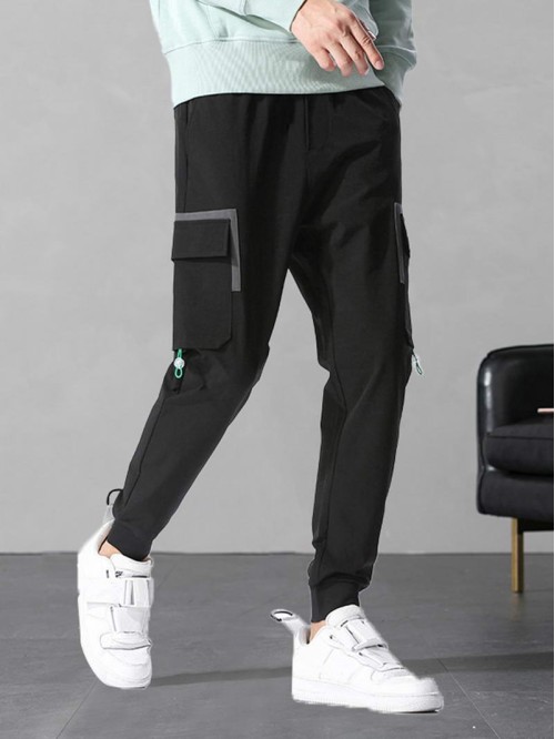 Men Drawstring Waist Flap Pocket Cargo Pants