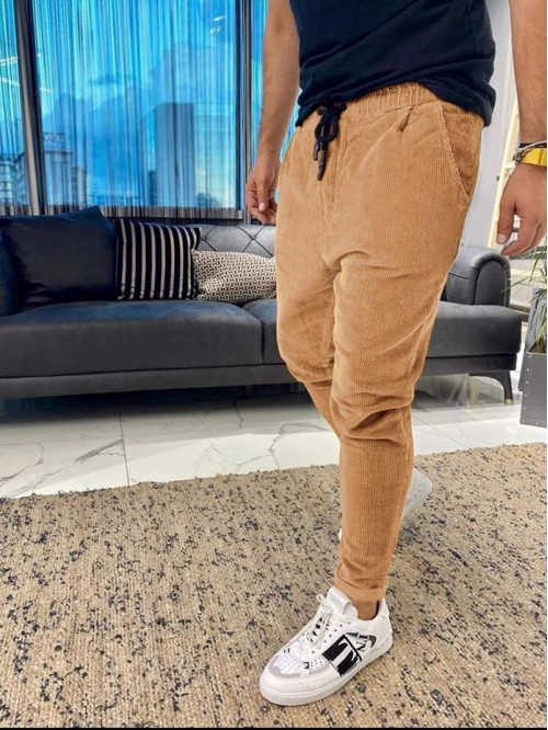 Men Drawstring Waist Corduroy Pants