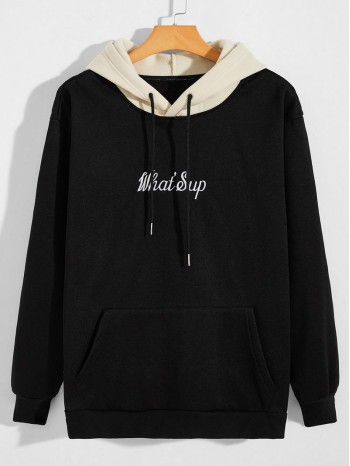 Men Slogan Embroidery Kangaroo Pocket Drawstring Hoodie