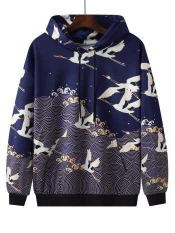 Men Crane Print Kangaroo Pocket Drawstring Hoodie