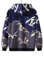 Men Crane Print Kangaroo Pocket Drawstring Hoodie